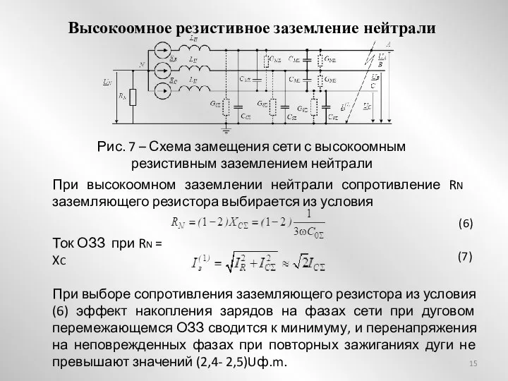 Высокоомное резистивное заземление нейтрали Рис. 7 – Схема замещения сети с