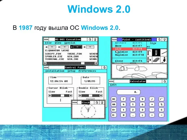 Windows 2.0 В 1987 году вышла ОС Windows 2.0.