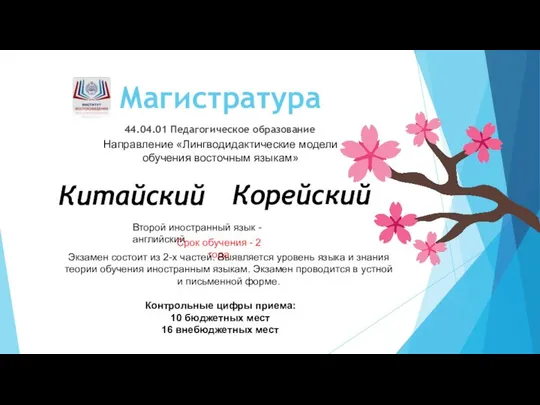 Магистратура 44.04.01 Педагогическое образование Направление «Лингводидактические модели обучения восточным языкам» Китайский