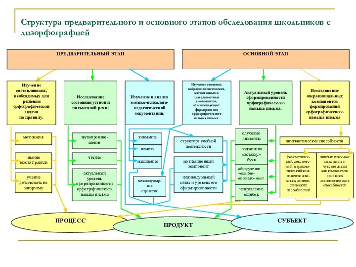 Структура предварительного и основного этапов обследования школьников с дизорфографией Изучение основных