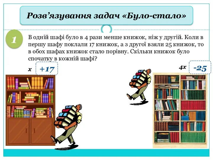 Розв’язування задач «Було-стало» 1 В одній шафі було в 4 рази