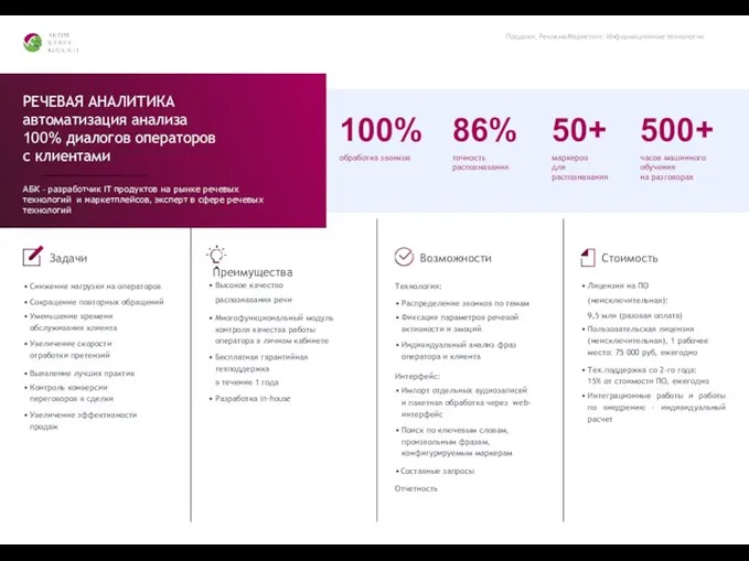 Продажи, Реклама/Маркетинг, Информационные технологии 100% обработка звонков 86% точность распознавания 50+