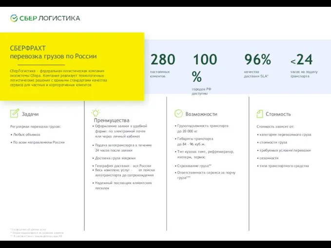 280 постоянных клиентов 100% городов РФ доступны 96% качество доставки SLA*