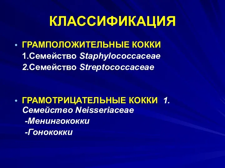 КЛАССИФИКАЦИЯ ГРАМПОЛОЖИТЕЛЬНЫЕ КОККИ 1.Семейство Staphylococcaceae 2.Семейство Streptococcaceae ГРАМОТРИЦАТЕЛЬНЫЕ КОККИ 1.Семейство Neisseriaceae -Менингококки -Гонококки