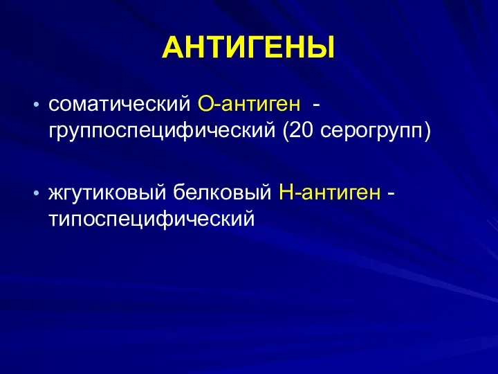 АНТИГЕНЫ соматический О-антиген - группоспецифический (20 серогрупп) жгутиковый белковый Н-антиген - типоспецифический