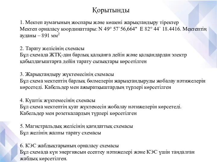 Қорытынды 1. Мектеп аумағының жоспары және көшені жарықтандыру тіректер Мектеп орналасу