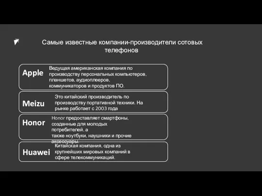 Самые известные компании-производители сотовых телефонов Apple Ведущая американская компания по производству