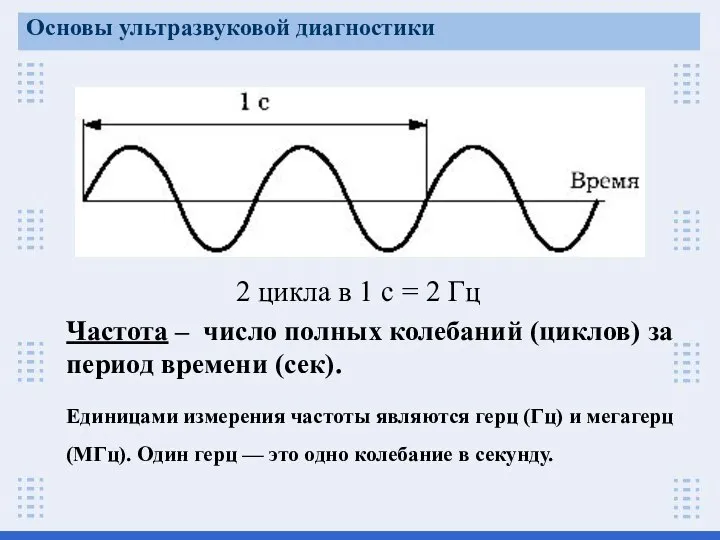 Частота – число полных колебаний (циклов) за период времени (сек). Единицами