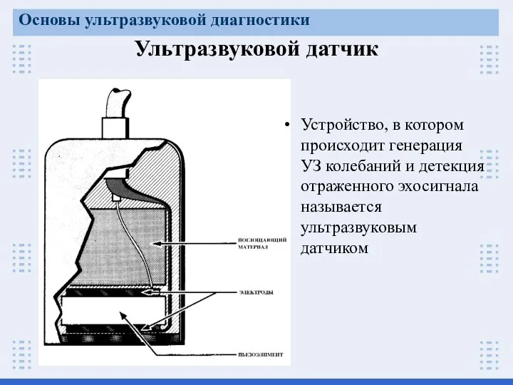 Основы ультразвуковой диагностики Ультразвуковой датчик Устройство, в котором происходит генерация УЗ