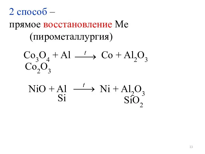 Со3О4 + Al Co + Al2О3 2 способ – прямое восстановление