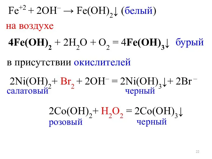 Fe+2 + 2OH– → Fe(ОН)2↓ (белый) на воздухе 4Fe(OH)2 + 2H2O