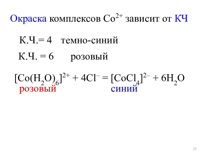 К.Ч.= 4 темно-синий К.Ч. = 6 розовый [Co(H2O)6]2+ + 4Сl– =