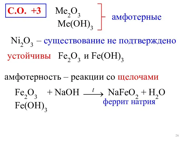 С.О. +3 Ni2O3 ‒ существование не подтверждено устойчивы Fe2O3 и Fе(OH)3