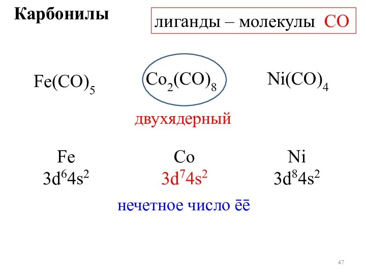 Карбонилы лиганды – молекулы СО Fe(CO)5 Co2(CO)8 Ni(CO)4 двухядерный Fe 3d64s2