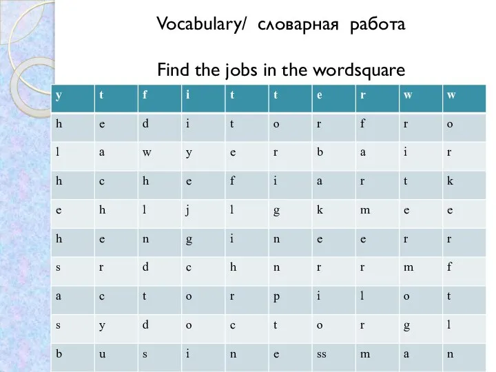 Vocabulary/ словарная работа Find the jobs in the wordsquare