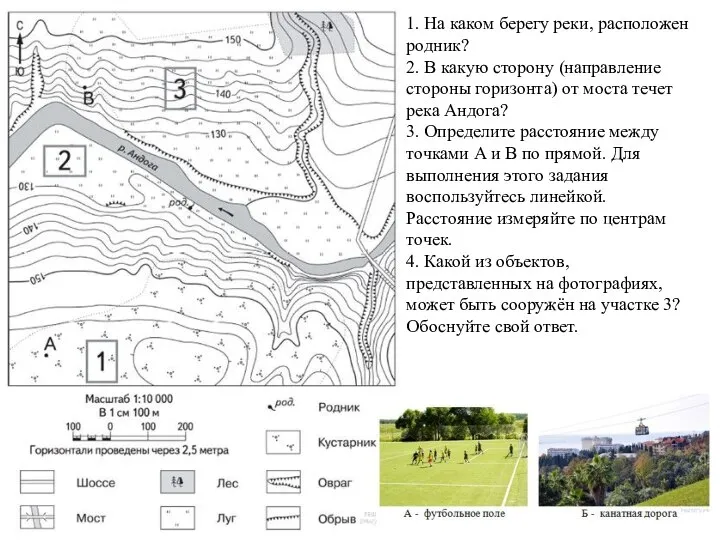 1. На каком берегу реки, расположен родник? 2. В какую сторону