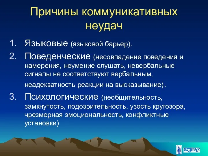 Причины коммуникативных неудач Языковые (языковой барьер). Поведенческие (несовпадение поведения и намерения,