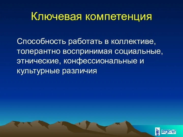 Ключевая компетенция Способность работать в коллективе, толерантно воспринимая социальные, этнические, конфессиональные и культурные различия