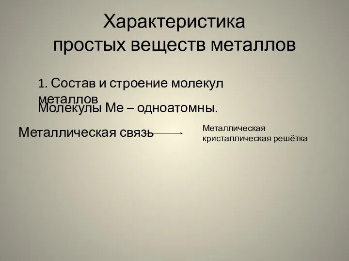 Характеристика простых веществ металлов 1. Состав и строение молекул металлов Молекулы