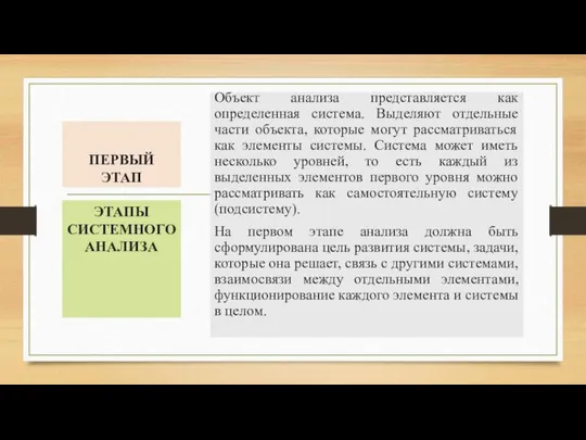 ПЕРВЫЙ ЭТАП Объект анализа представляется как определенная система. Выделяют отдельные части