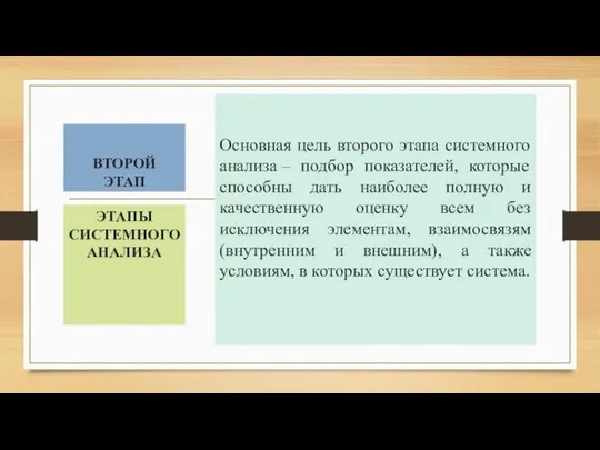 ВТОРОЙ ЭТАП Основная цель второго этапа системного анализа – подбор показателей,