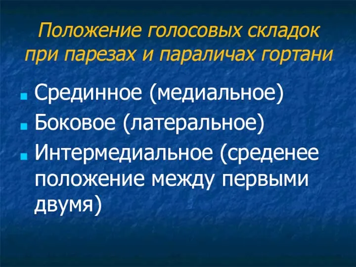 Положение голосовых складок при парезах и параличах гортани Срединное (медиальное) Боковое