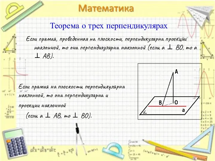 Теорема о трех перпендикулярах Если прямая, проведенная на плоскости, перпендикулярна проекции