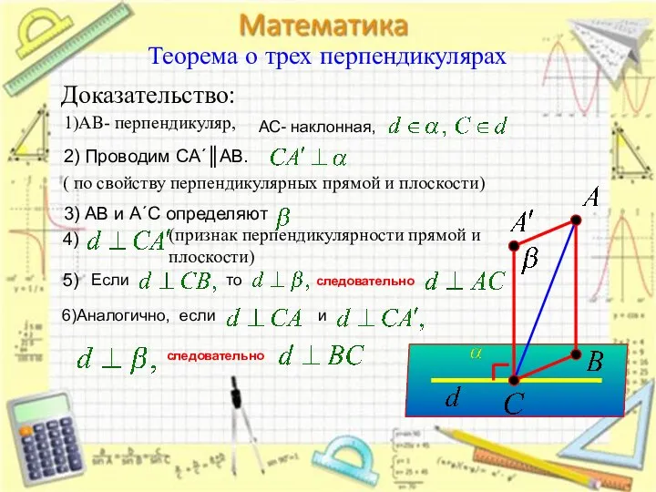 Теорема о трех перпендикулярах Доказательство: 1)АВ- перпендикуляр, 2) Проводим СА´║АВ. (