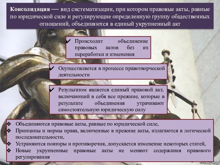 Консолидация — вид систематизации, при котором правовые акты, равные по юридической