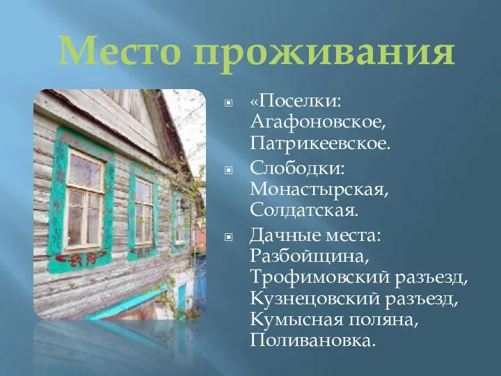 «Поселки: Агафоновское, Патрикеевское. Слободки: Монастырская, Солдатская. Дачные места: Разбойщина, Трофимовский разъезд,