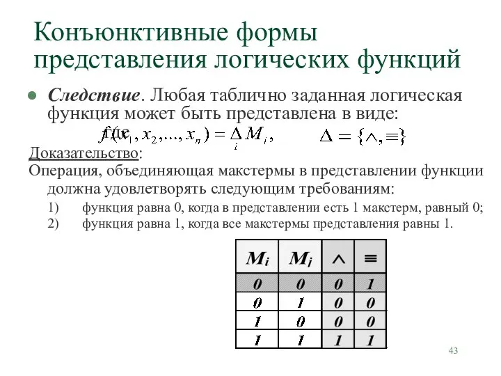 Следствие. Любая таблично заданная логическая функция может быть представлена в виде: