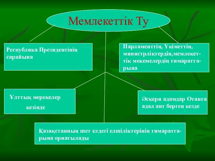 Мемлекеттік Ту Республика Президентінің сарайына Парламенттің, Үкіметтің, министрліктердің,мемлекет-тік мекемелердің ғимаратта-рына Ұлттық