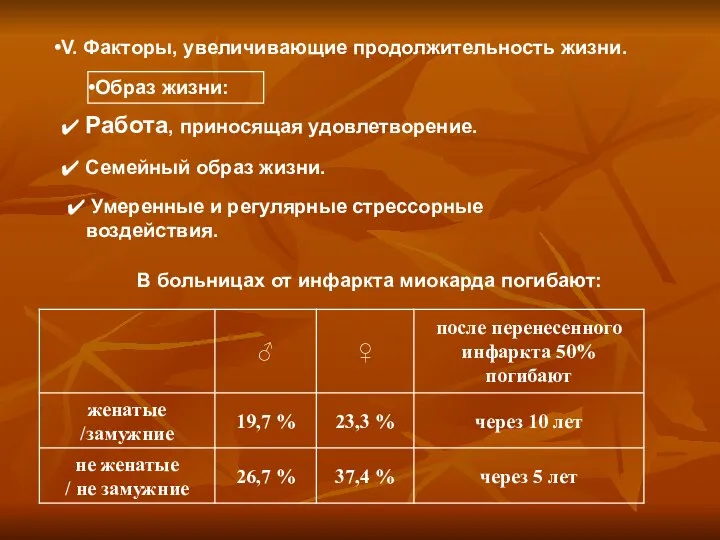 V. Факторы, увеличивающие продолжительность жизни. Образ жизни: Работа, приносящая удовлетворение. Семейный