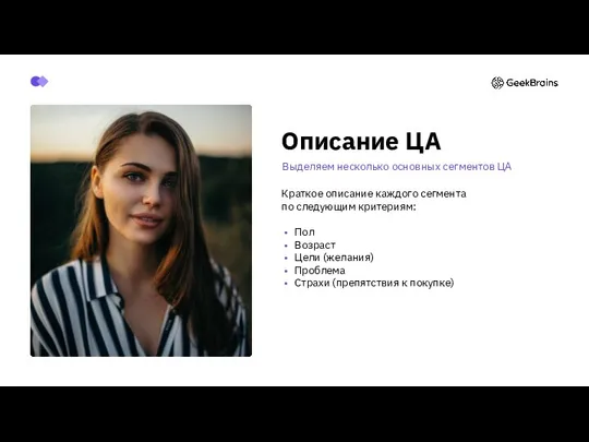 Описание ЦА Выделяем несколько основных сегментов ЦА Краткое описание каждого сегмента