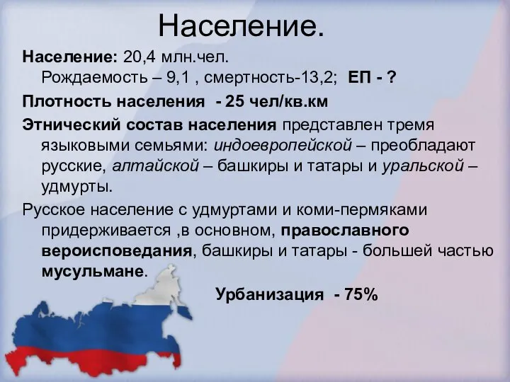 Население. Население: 20,4 млн.чел. Рождаемость – 9,1 , смертность-13,2; ЕП -