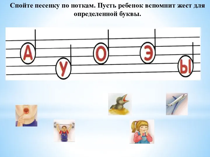 Спойте песенку по ноткам. Пусть ребенок вспомнит жест для определенной буквы.