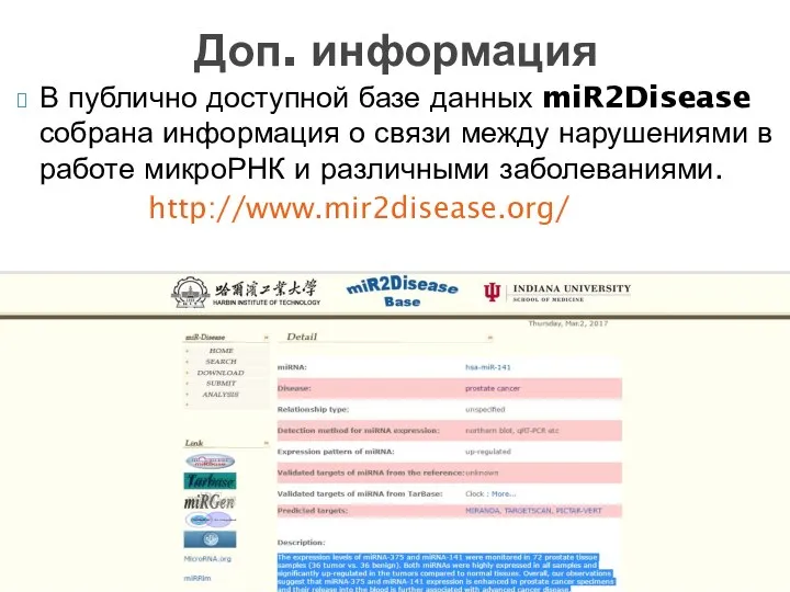 В публично доступной базе данных miR2Disease собрана информация о связи между