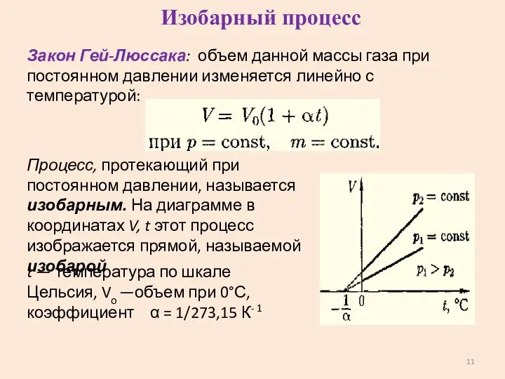 Закон Гей-Люссака: объем данной массы газа при постоянном давлении изменяется линейно