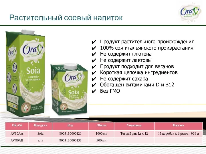 Растительный соевый напиток Продукт растительного происхождения 100% соя итальянского произрастания Не