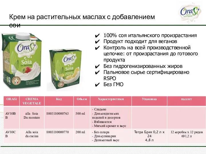 Крем на растительных маслах с добавлением сои 100% соя итальянского произрастания