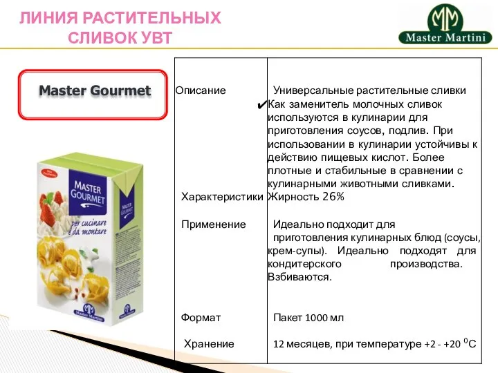 Master Gourmet ЛИНИЯ РАСТИТЕЛЬНЫХ СЛИВОК УВТ