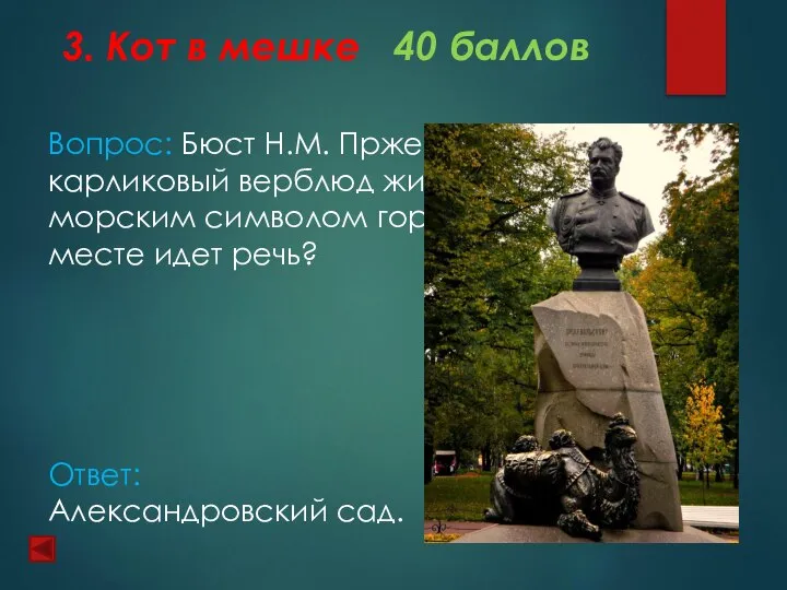 3. Кот в мешке 40 баллов Вопрос: Бюст Н.М. Пржевальскоскому и