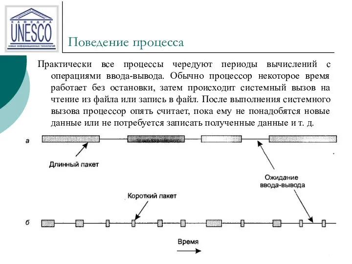 Поведение процесса Практически все процессы чередуют периоды вычислений с операциями ввода-вывода.