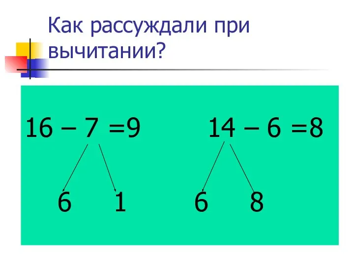 Как рассуждали при вычитании? 16 – 7 =9 14 – 6 =8 6 1 6 8