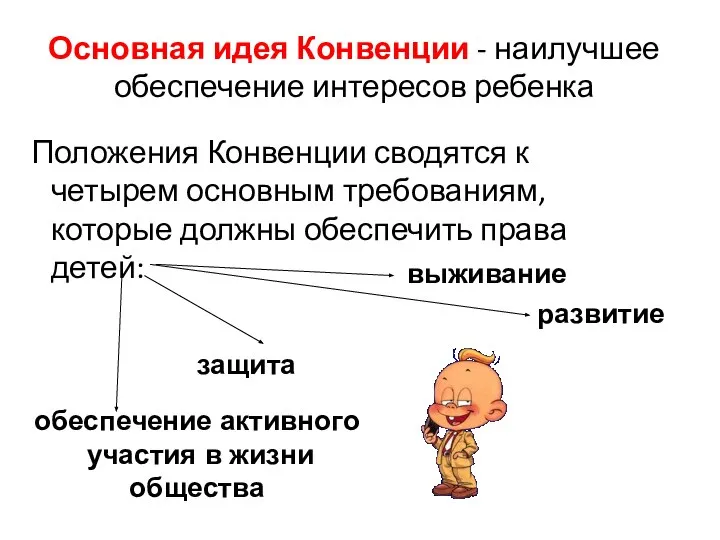 Основная идея Конвенции - наилучшее обеспечение интересов ребенка Положения Конвенции сводятся