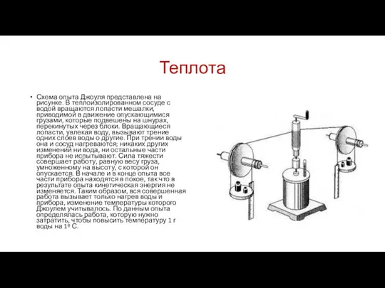 Теплота Схема опыта Джоуля представлена на рисунке. В теплоизолированном сосуде с