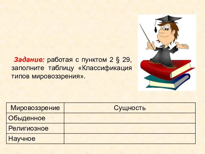 Задание: работая с пунктом 2 § 29, заполните таблицу «Классификация типов мировоззрения».