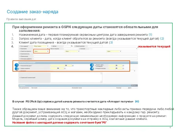 При оформлении ремонта в GSPN cледующие даты становятся обязательными для заполнения: