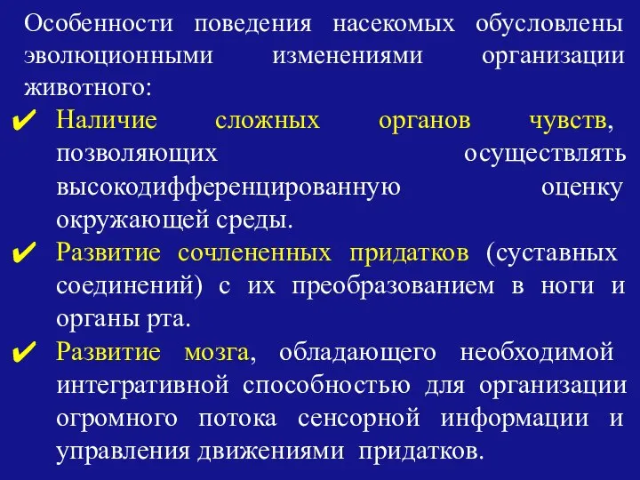 Особенности поведения насекомых обусловлены эволюционными изменениями организации животного: Наличие сложных органов