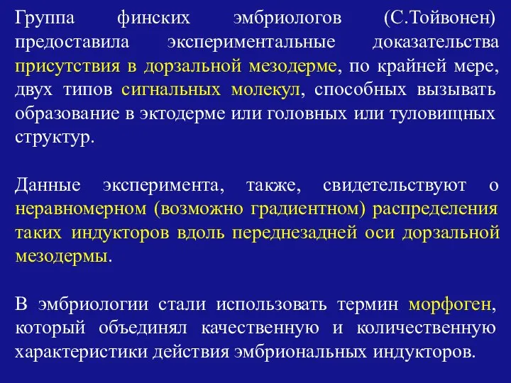 Группа финских эмбриологов (С.Тойвонен) предоставила экспериментальные доказательства присутствия в дорзальной мезодерме,